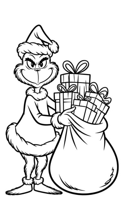 Раскраска для детей — Гринч и подарки