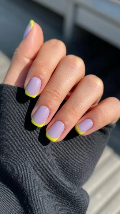 Изысканные идеи маникюра в желто-фиолетовых тонах.
