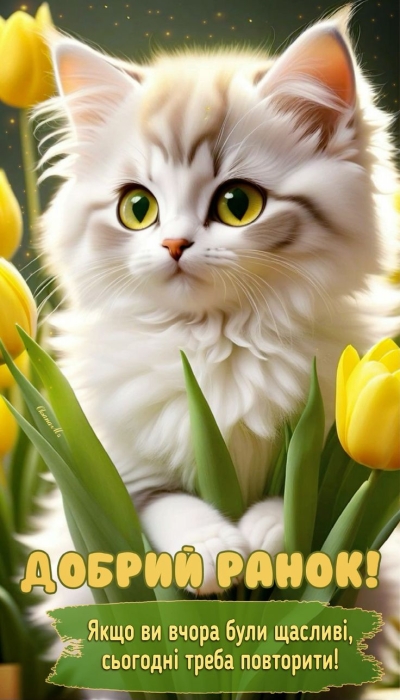 Котенок в желтых тюльпанах, картинка