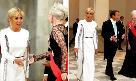 Бриджит Макрон в белом платье Louis Vuitton покорила элегантностью на ужине с королевой Маргрете