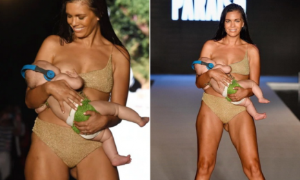 Модель Sports Illustrated, кормя ребенка грудью, приняла участие в показе купальников