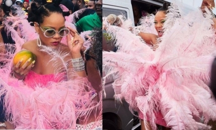 Рианна в ярком платье из перьев блеснула на карнавале на Барбадосе (ФОТО)