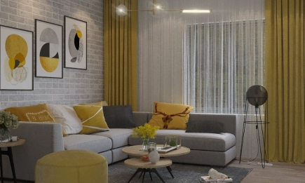 Желтый + серый: модные варианты зала в контрастных оттенках (ФОТО)