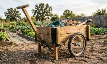 Больше не придется таскать тяжелое в руках: простой лайфхак по созданию садовой тележки из хлама