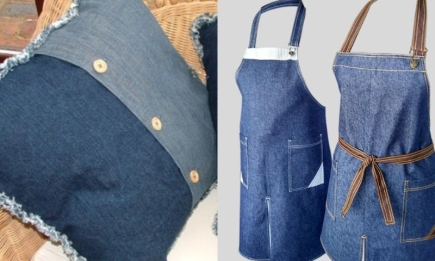 Красивая косметичка и оригинальный фартук: креативим со старыми джинсовыми вещами