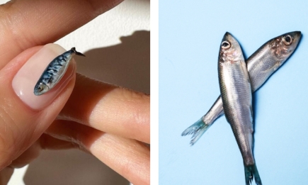 Чипсы, яичница, рыбы: обзор тренда на объемный маникюр с необычными рисунками