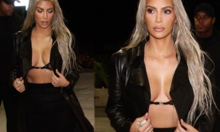 "Мисс эпатажность" Ким Кардашьян снова удивила странным образом: кожаный пиджак на прозрачный бра