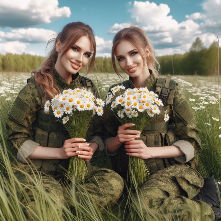 На фото военные женщины с букетами ромашек.
