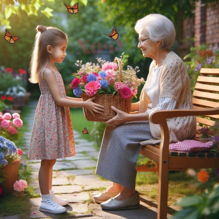 На фото девочка дарит цветы бабушке