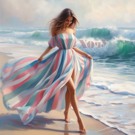 На фото женщина в хорошем платье ходит по пляжу.