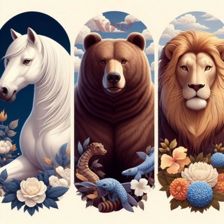 На фото лев, медведь и конь