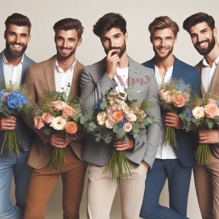 На фото мужчины с цветами