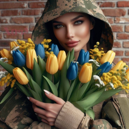 На фото женщина военная  с букетом желто-синих тюльпанов.