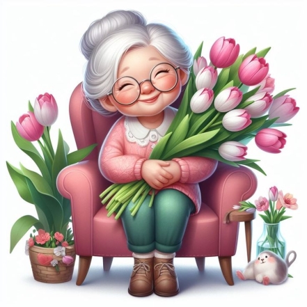 На фото бабушка с букетом цветов