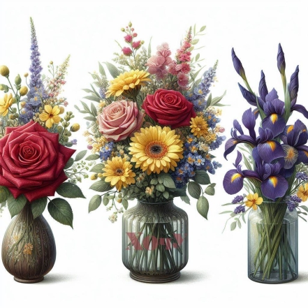 Три вази з різними квітами