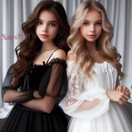 На фото две девушки в черном и белом платье