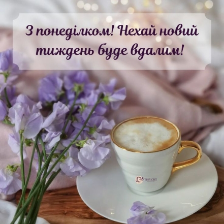Чашка кави та фіолетові квіти, фото