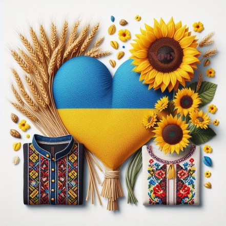 На фото флаг Украины, вышиванки, подсолнухи и пшеница