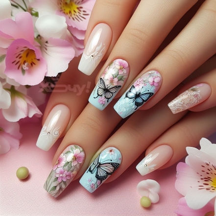Бежевые и голубые ногти в цветы и бабочки, фото