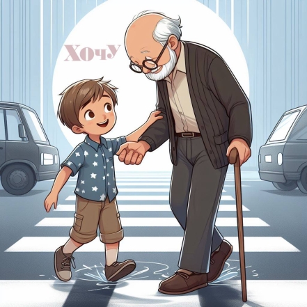 На фото хлопчик переводить через дорогу дідуся