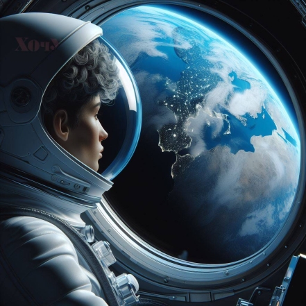На фото космонавт смотрит на землю с ракеты