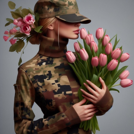 На фото жінка у камуфляжі з букетом тюльпанів