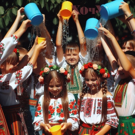 На фото діти обливаються водою