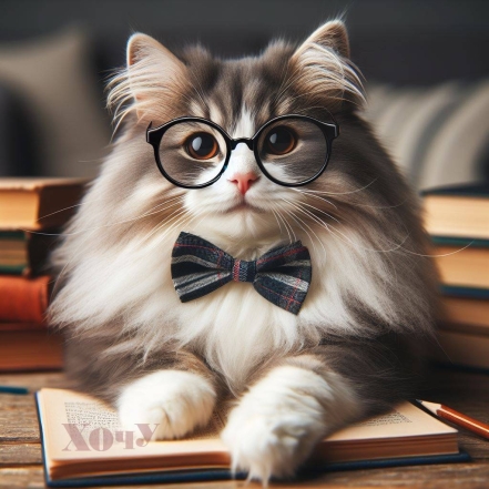 Котик в окулярах, лежить на книжці, фото