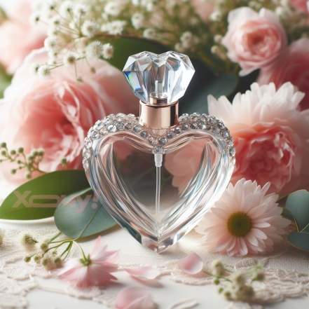 Прозорий флакон парфумів у формі серця зі стразами зверху, фото