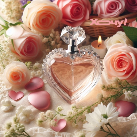 Прозорий флакон парфумів у формі серця зі стразами зверху персикового кольору, фото