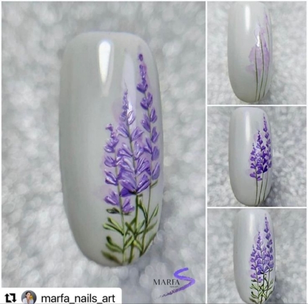 Схема малюнку фіолетових квітів на нігті, фото