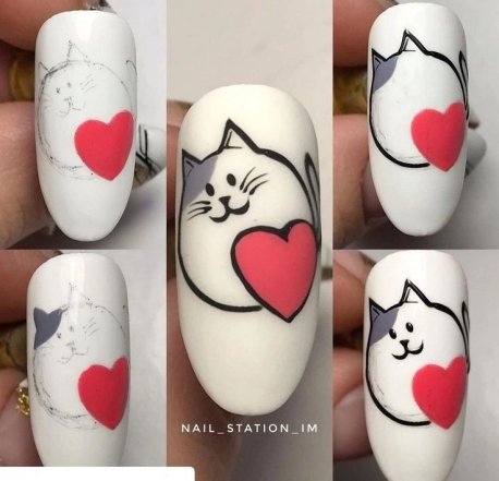Як намалювати кота з сердечком на нігтях