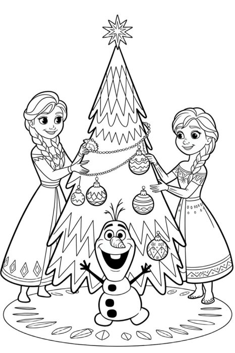 Раскраска для детей — Эльза, Анна, Олаф