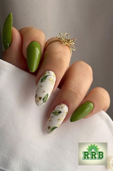 Оливковые ногти с листочками, фото