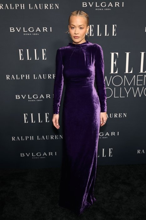 Рита Ора надела модное баклажанное платье.