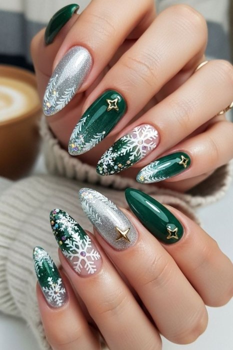 Зеленый маникюр на Новый год, привлекающий деньги