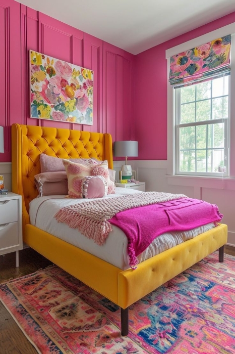 Спальня в желтом и розовом цветах, фото