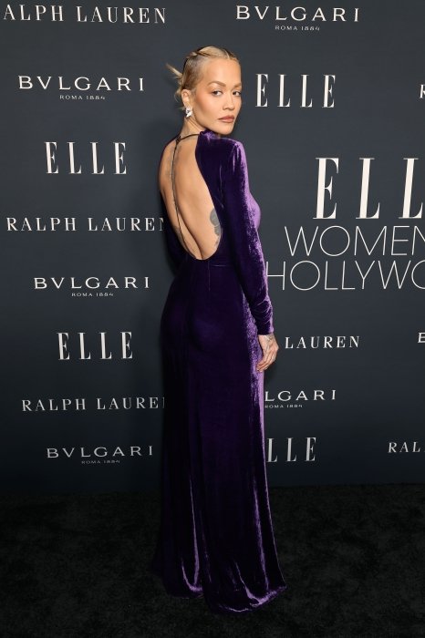 Рита Ора надела модное баклажанное платье.