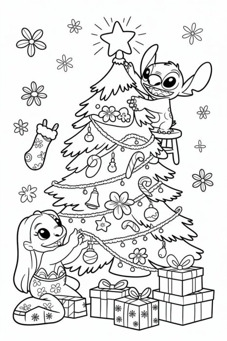 Раскраска для детей — Лило и Стич наряжают елку
