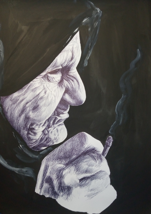 Старуха бабка палит сигарету, картина шариковой ручкой