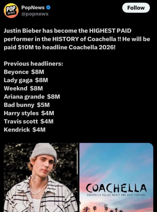 Джастин Бибер стал самым дорогим артистом Coachella с самым большим гонораром