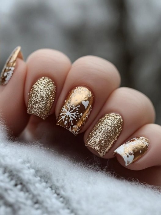 Золотой маникюр на Новый год, привлекающий деньги