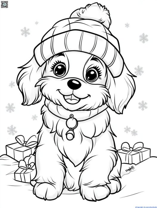 Раскраска для детей — собака в шапке
