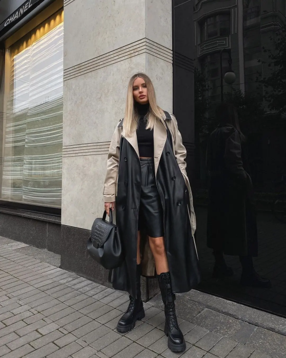 Кожаный женский плащ на осень 2025, фото