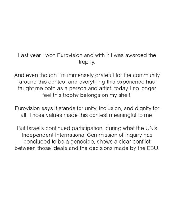 Певцы Немо отдали награду за победу в Евровидении-2024 из-за скандала с Израилем