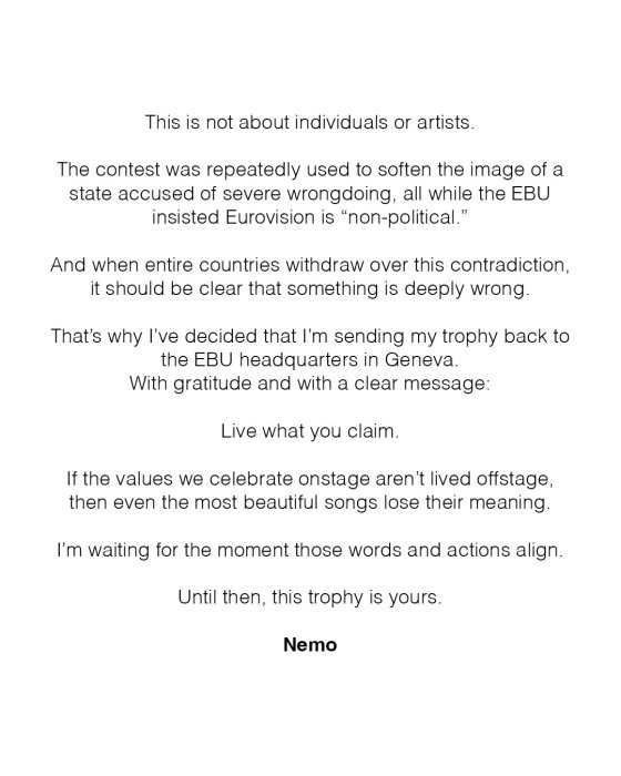 Певцы Немо отдали награду за победу в Евровидении-2024 из-за скандала с Израилем