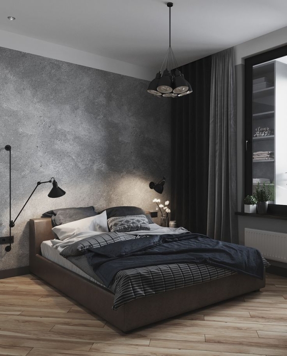 Спальня с темной серой стеной из бетона, фото