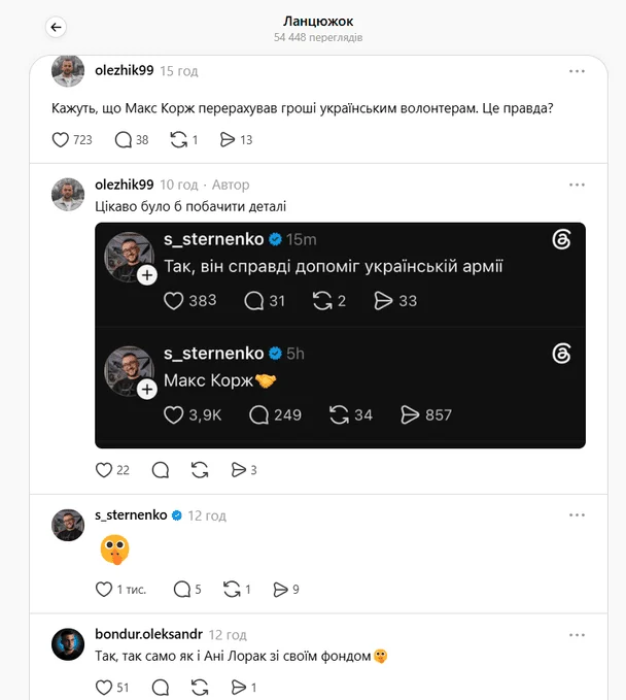Макс Корж стал героем обсуждений в Threads после сообщений Сергея Стерненко
