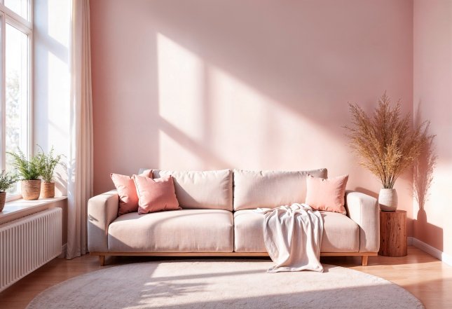 Гостиная в светло-розовых пастельных тонах