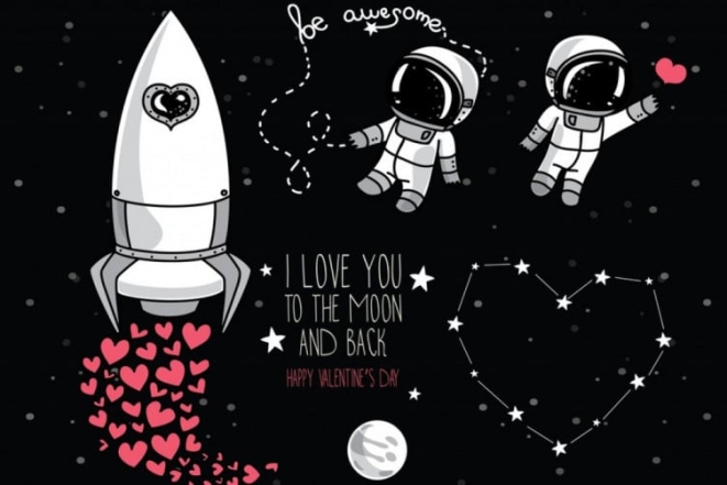 Ракета, космонавты и сердечки, карикатура